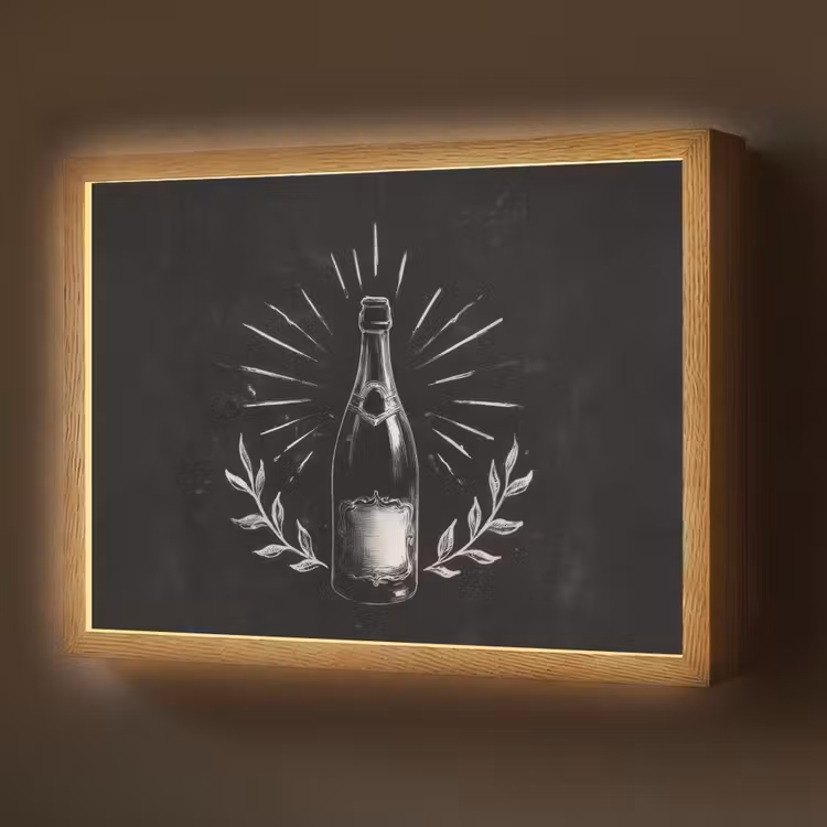Champagnefles - Lauriertakken - Zwarte achtergrond Light Box met batterij (Wandlamp) middel -z3d_website