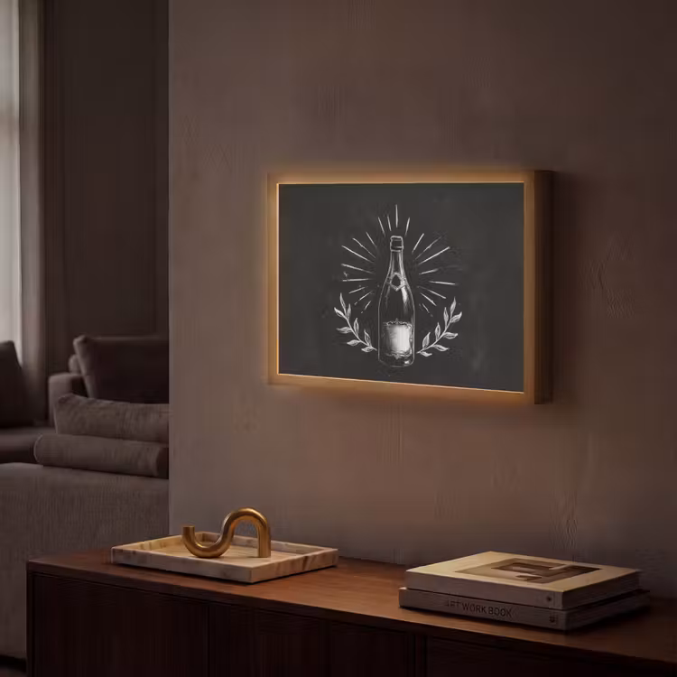 Champagnefles - Lauriertakken - Zwarte achtergrond Light Box met batterij (Wandlamp) middel -sfeer1