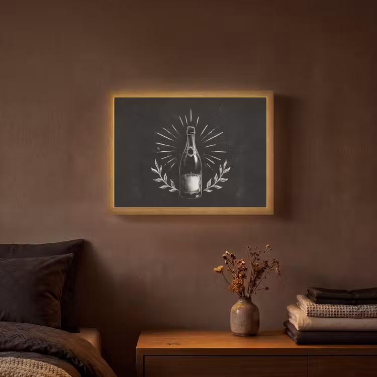 Champagnefles - Lauriertakken - Zwarte achtergrond Light Box met batterij (Wandlamp) middel -sfeer4
