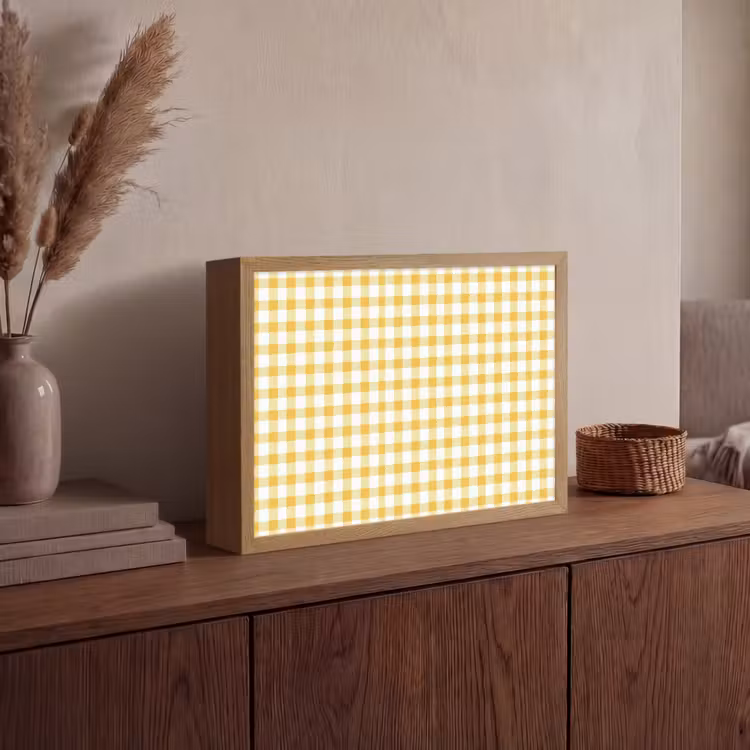 Ruit - Gingham - Klassiek - Geel en Wit Light Box met batterij (Wandlamp) middel 907 -sfeer2