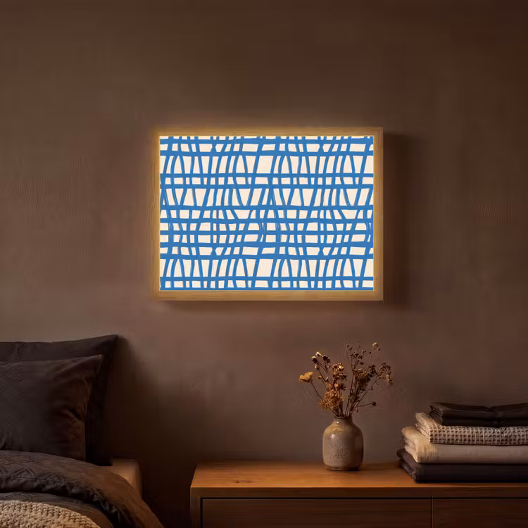 Ruitpatroon - Blauw - Crème Light Box met batterij (Wandlamp) middel 907 -sfeer4