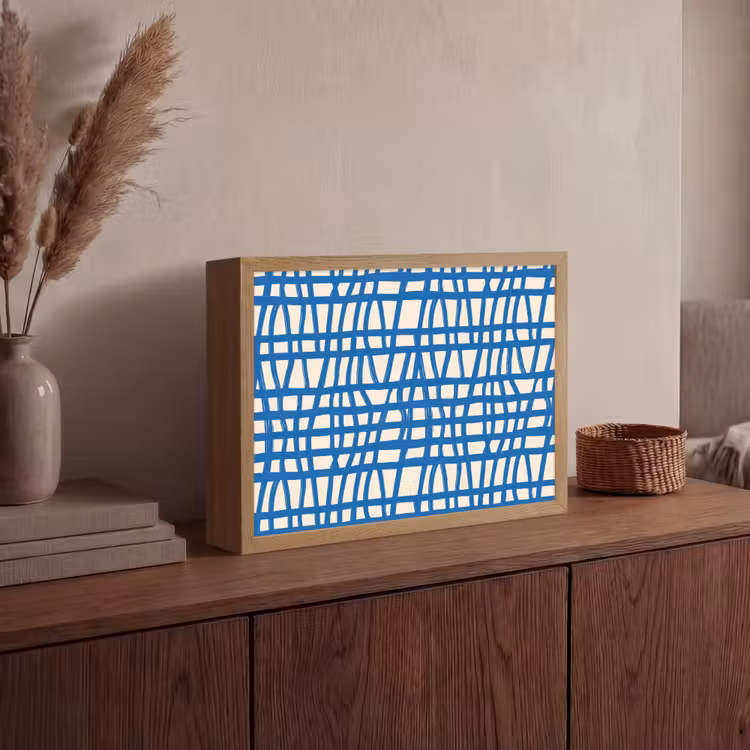 Ruitpatroon - Blauw - Crème Light Box met batterij (Wandlamp) middel 907 -sfeer2