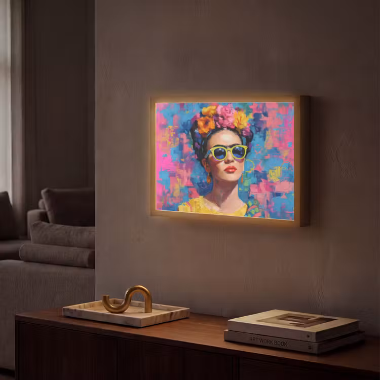 Vrolijk portret - Vrouw - Bloemenkroon Light Box met batterij (Wandlamp) middel -sfeer1
