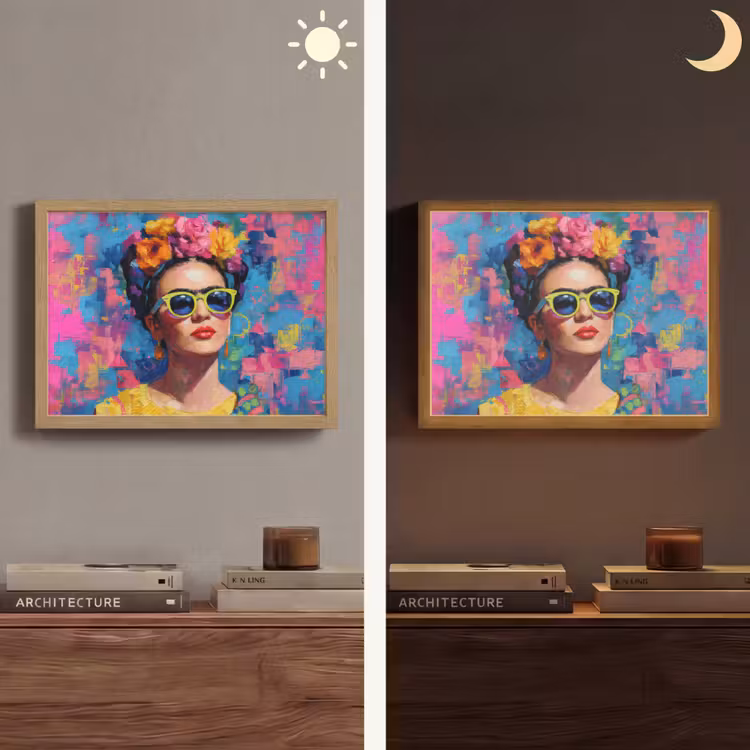Vrolijk portret - Vrouw - Bloemenkroon Light Box met batterij (Wandlamp) middel -sfeer3