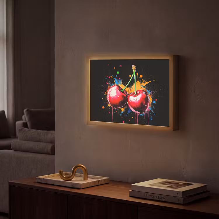 Kersen - Fruit - Graffiti - Verf - Abstract - Modern - Kleurrijk Light Box met batterij (Wandlamp) middel -sfeer1