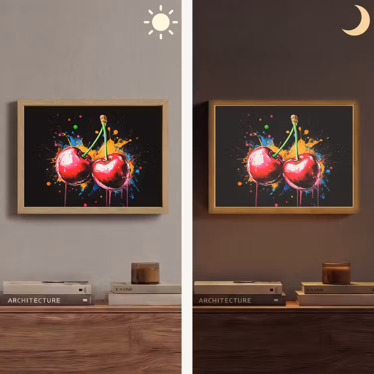 Kersen - Fruit - Graffiti - Verf - Abstract - Modern - Kleurrijk Light Box met batterij (Wandlamp) middel -sfeer3