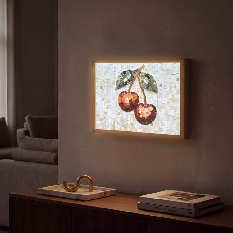 Kersen - Rood - Mozaïek - Blaadjes Light Box met batterij (Wandlamp) middel -sfeer1