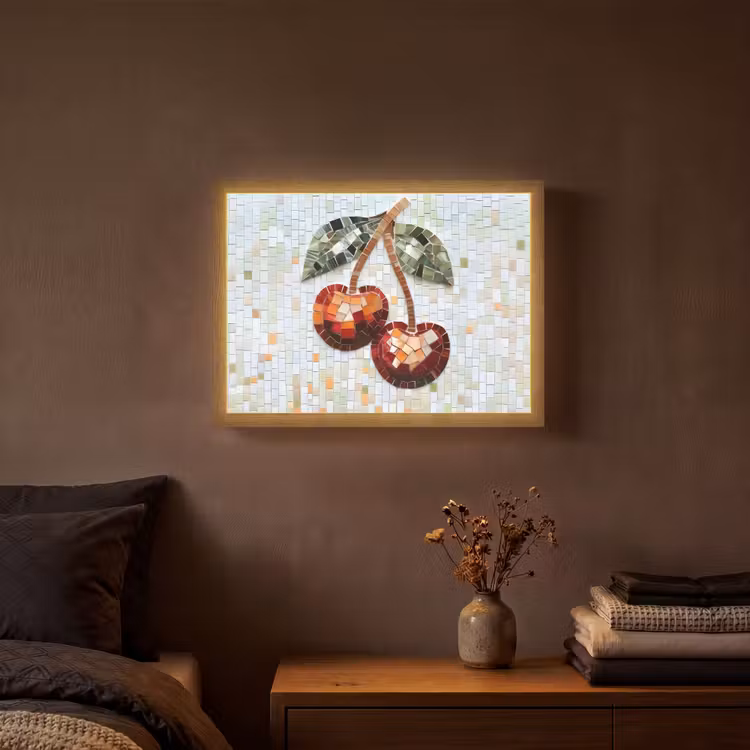 Kersen - Rood - Mozaïek - Blaadjes Light Box met batterij (Wandlamp) middel -sfeer4