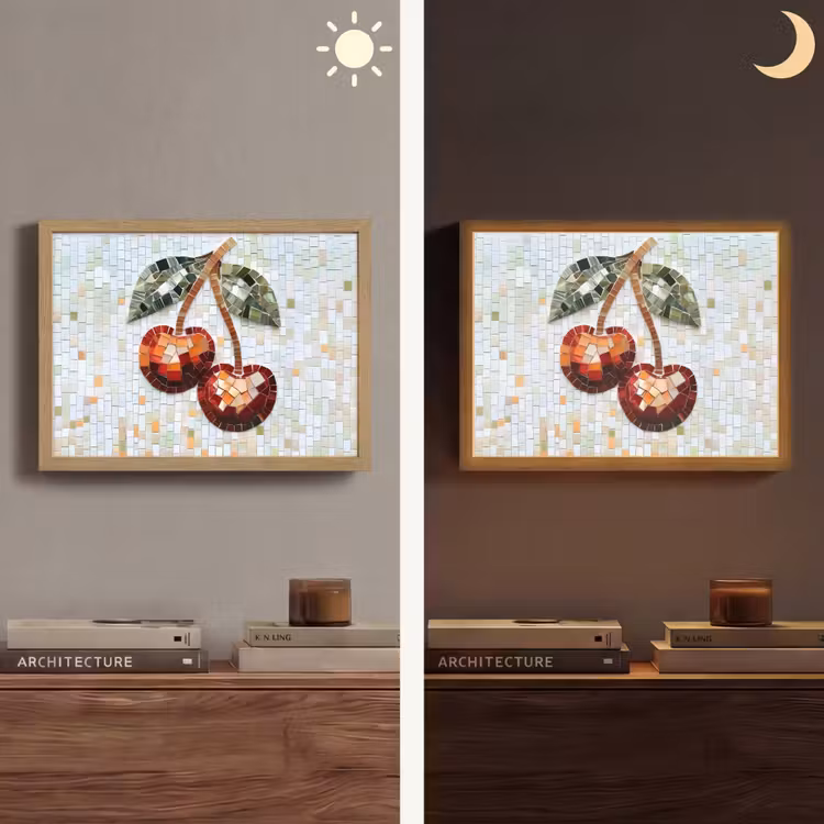 Kersen - Rood - Mozaïek - Blaadjes Light Box met batterij (Wandlamp) middel -sfeer3
