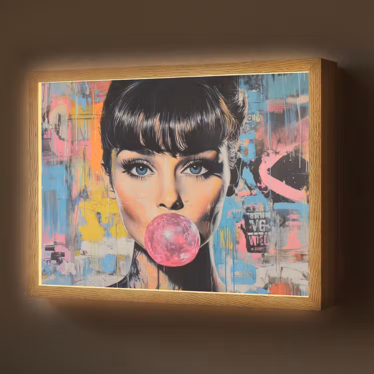 Kauwgom - Vrouw - Penseelstreken - Modern Light Box met batterij (Wandlamp) middel -z3d_website
