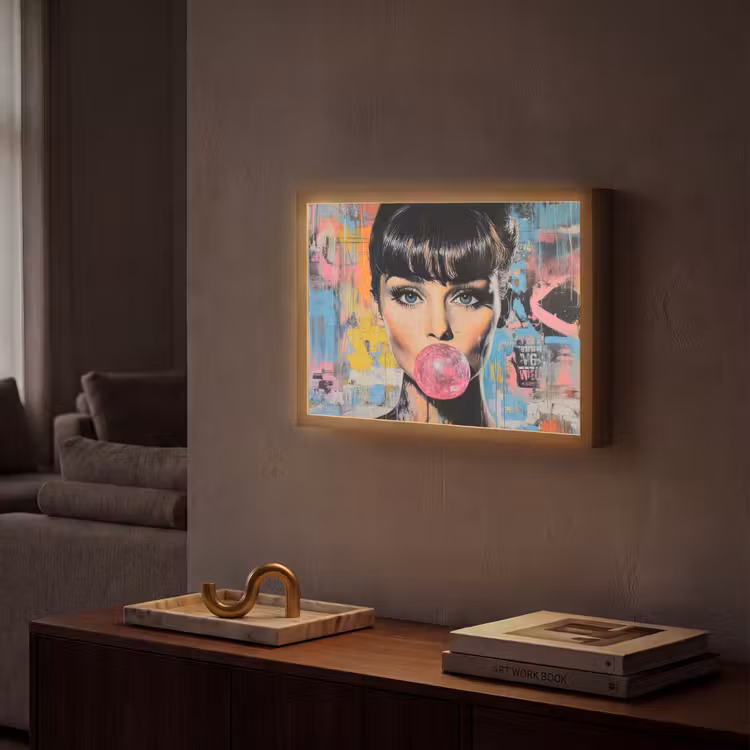 Kauwgom - Vrouw - Penseelstreken - Modern Light Box met batterij (Wandlamp) middel -sfeer1