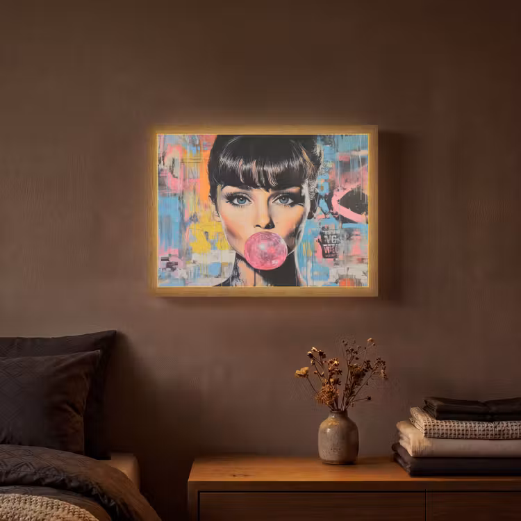 Kauwgom - Vrouw - Penseelstreken - Modern Light Box met batterij (Wandlamp) middel -sfeer4