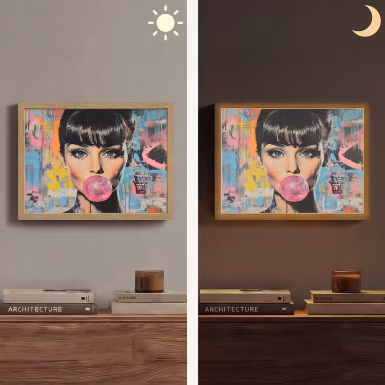Kauwgom - Vrouw - Penseelstreken - Modern Light Box met batterij (Wandlamp) middel -sfeer3