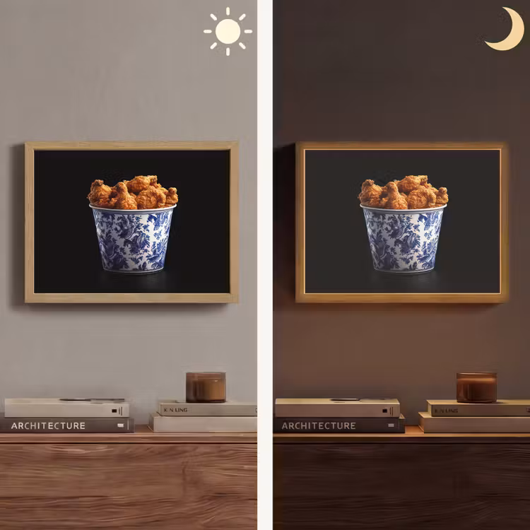 Kip - Bucket - Delfts blauw - Lekker Light Box met batterij (Wandlamp) middel -sfeer3