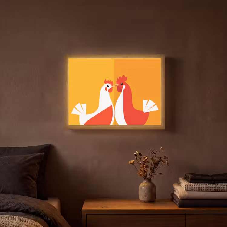 Kippen - Oranje - Vlakken Light Box met batterij (Wandlamp) middel -sfeer4