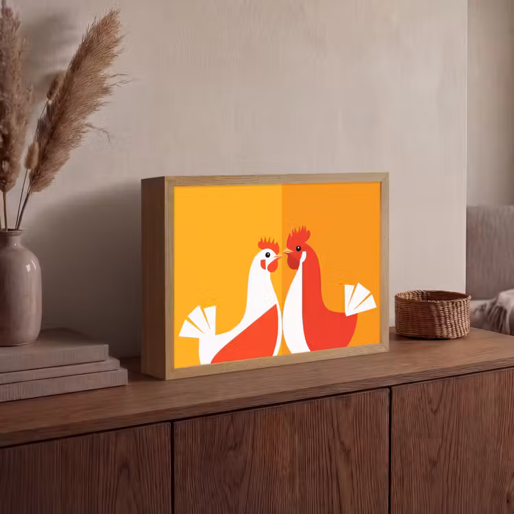Kippen - Oranje - Vlakken Light Box met batterij (Wandlamp) middel -sfeer2