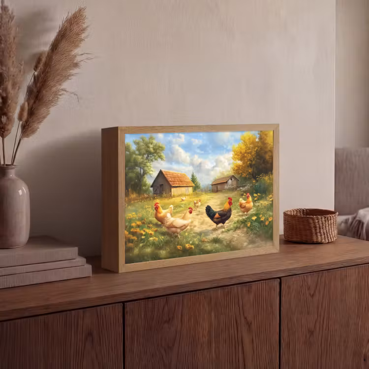 Kippen - Landelijke rust - Natuur Light Box met batterij (Wandlamp) middel -sfeer2