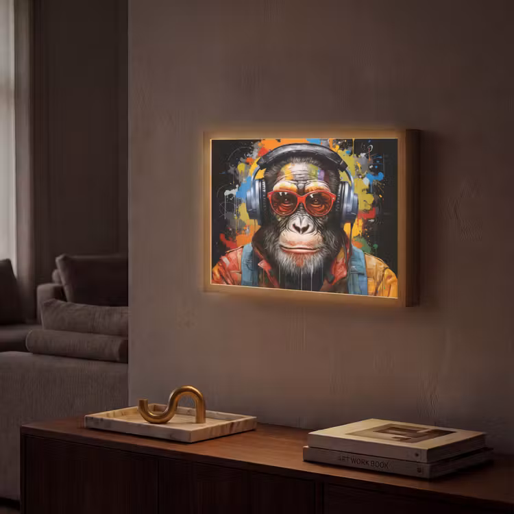 Chimpansee - Aap - dieren - Graffiti - Bril - Koptelefoon - Kleuren Light Box met batterij (Wandlamp) middel -sfeer1