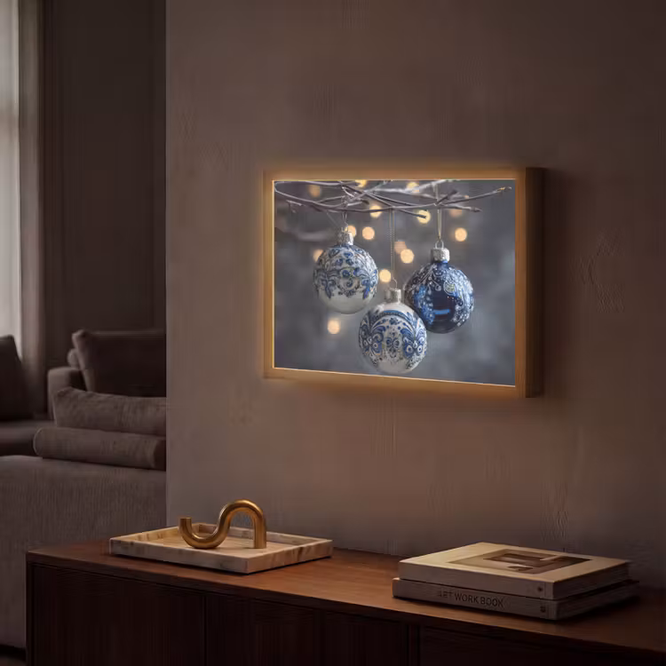 Kerstbal - Versierd - Blauw Light Box met batterij (Wandlamp) middel -sfeer1