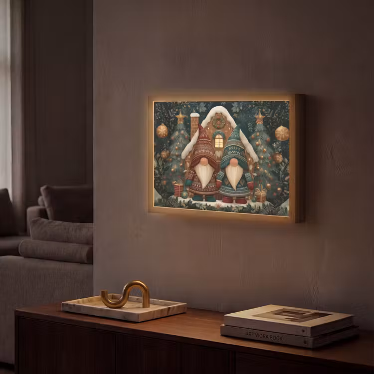 Kerst - Gnomen - Peperkoekhuisje - Rood - Groen Light Box met batterij (Wandlamp) middel -sfeer1
