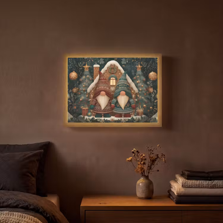 Kerst - Gnomen - Peperkoekhuisje - Rood - Groen Light Box met batterij (Wandlamp) middel -sfeer4