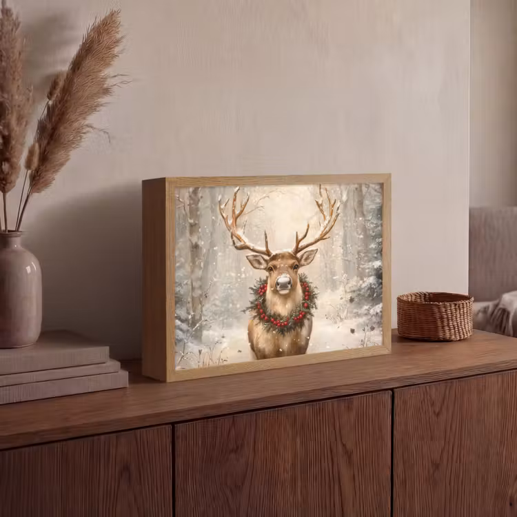 Kerst - Rendier - Winter - Krans Light Box met batterij (Wandlamp) middel -sfeer2