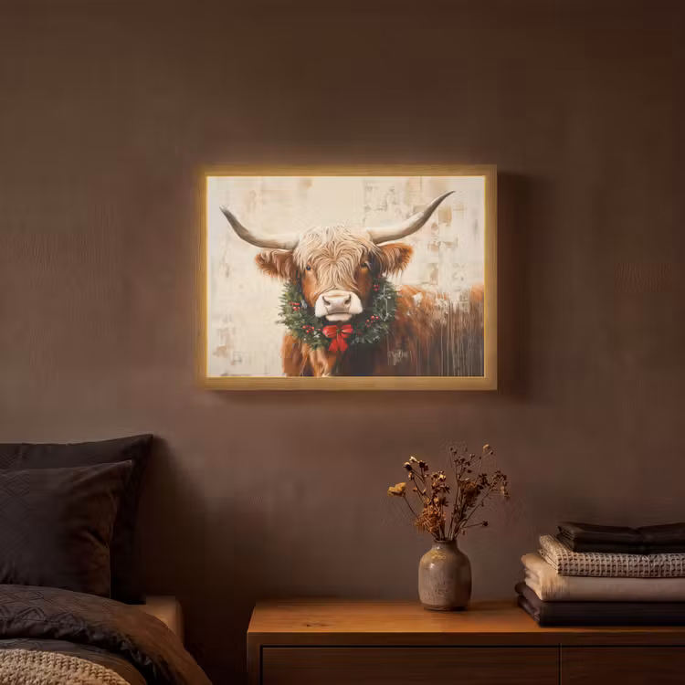 Kerst - Schotse Hooglander - Bruin - Krans Light Box met batterij (Wandlamp) middel -sfeer4