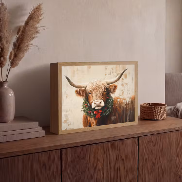 Kerst - Schotse Hooglander - Bruin - Krans Light Box met batterij (Wandlamp) middel -sfeer2