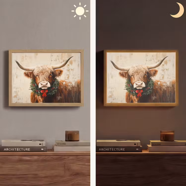 Kerst - Schotse Hooglander - Bruin - Krans Light Box met batterij (Wandlamp) middel -sfeer3