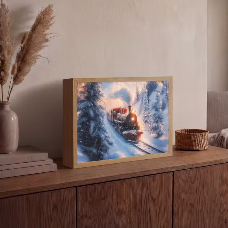 Kersttrein - Sneeuw - Winter - Kerst Light Box met batterij (Wandlamp) middel -sfeer2