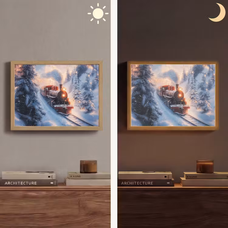Kersttrein - Sneeuw - Winter - Kerst Light Box met batterij (Wandlamp) middel -sfeer3