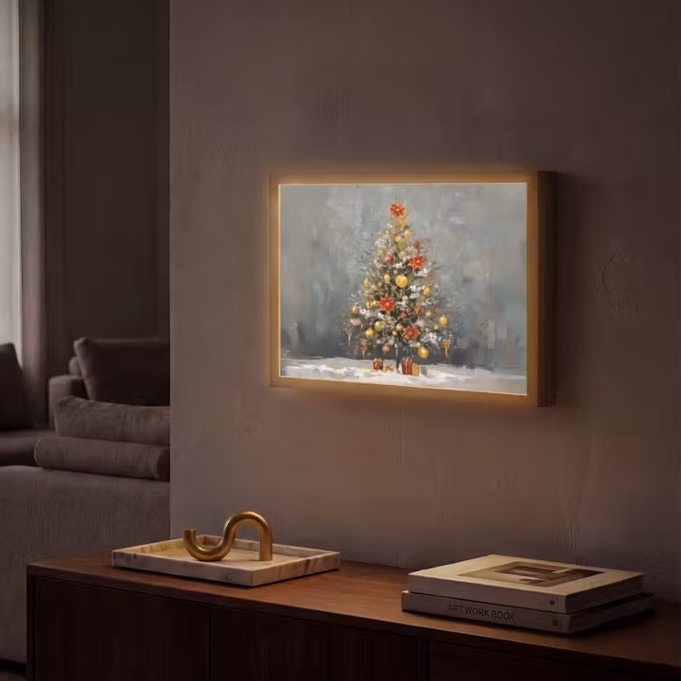 Kerstboom - Cadeaus - Rood - Goud Light Box met batterij (Wandlamp) middel -sfeer1
