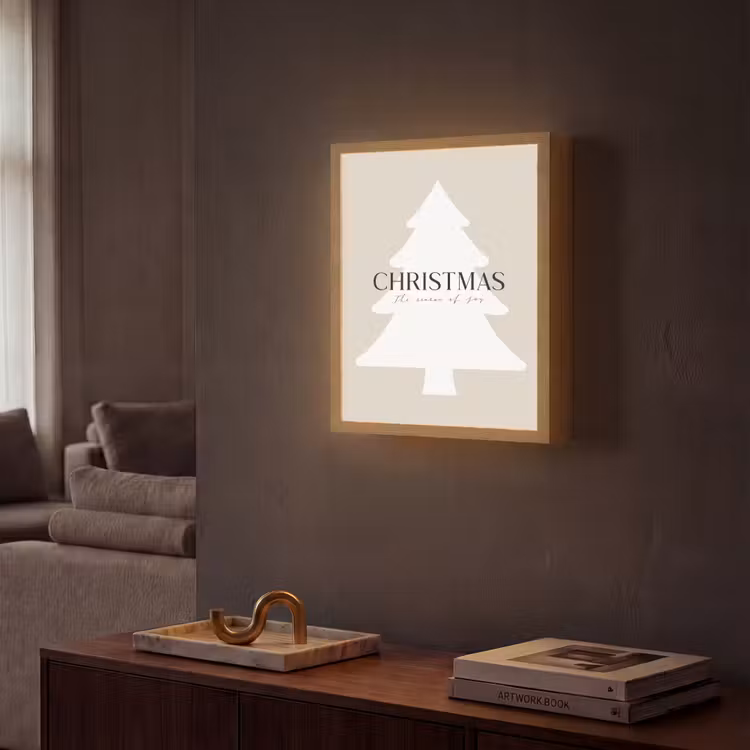 Kerstboom - Japandi - Christmas - Beige Light Box met batterij (Wandlamp) middel -sfeer1