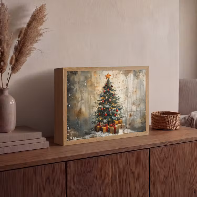 Kerstboom - Vintage - Kerst - Cadeau Light Box met batterij (Wandlamp) middel -sfeer2