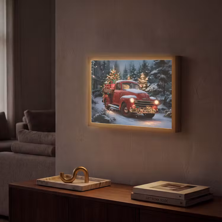 Kersttruck - Sneeuwbos - Rood Light Box met batterij (Wandlamp) middel -sfeer1