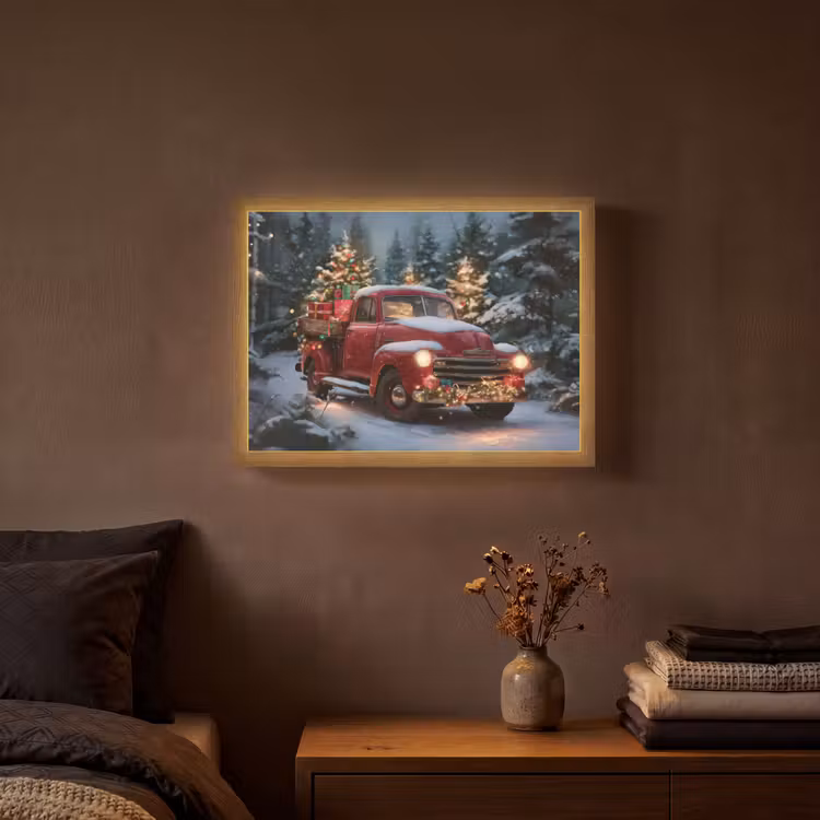 Kersttruck - Sneeuwbos - Rood Light Box met batterij (Wandlamp) middel -sfeer4