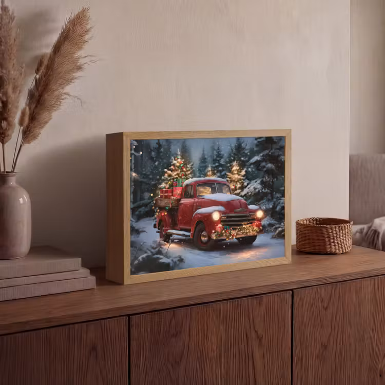 Kersttruck - Sneeuwbos - Rood Light Box met batterij (Wandlamp) middel -sfeer2