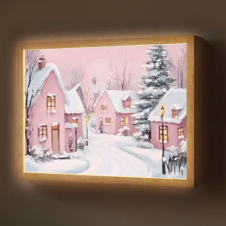 Kerstdorp - Roze - Winter - Sneeuw - Huizen Light Box met batterij (Wandlamp) middel -z3d_website