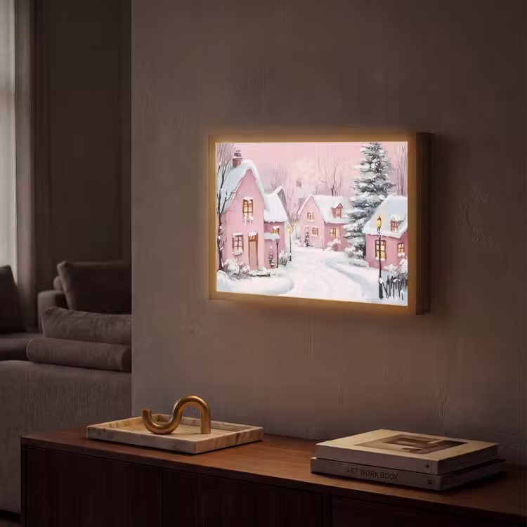 Kerstdorp - Roze - Winter - Sneeuw - Huizen Light Box met batterij (Wandlamp) middel -sfeer1