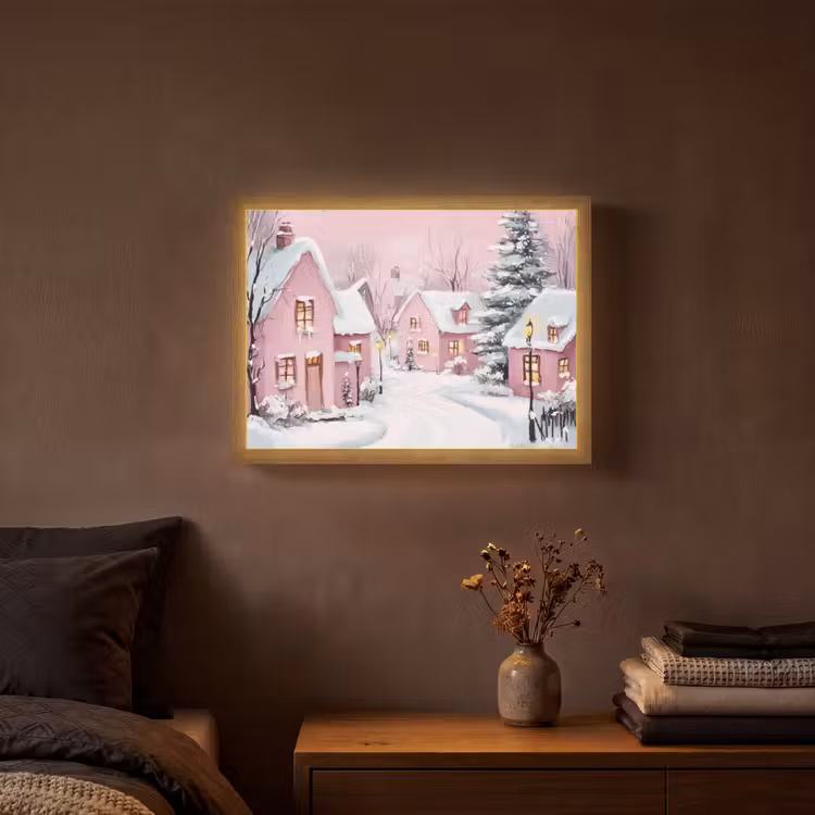 Kerstdorp - Roze - Winter - Sneeuw - Huizen Light Box met batterij (Wandlamp) middel -sfeer4