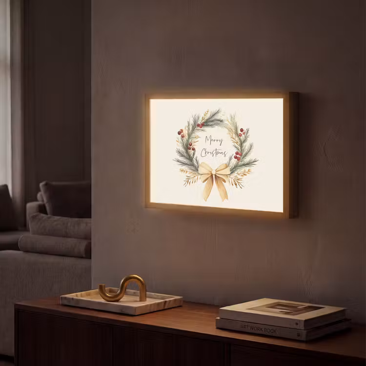Kerstkrans - Kerst - Goud - Beige Light Box met batterij (Wandlamp) middel -sfeer1