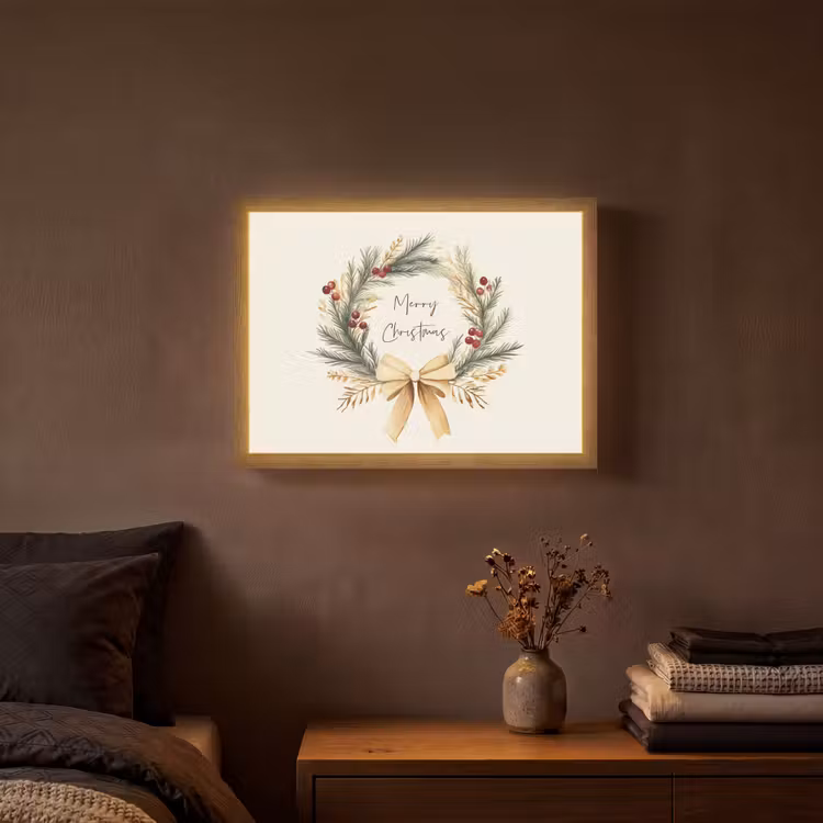 Kerstkrans - Kerst - Goud - Beige Light Box met batterij (Wandlamp) middel -sfeer4