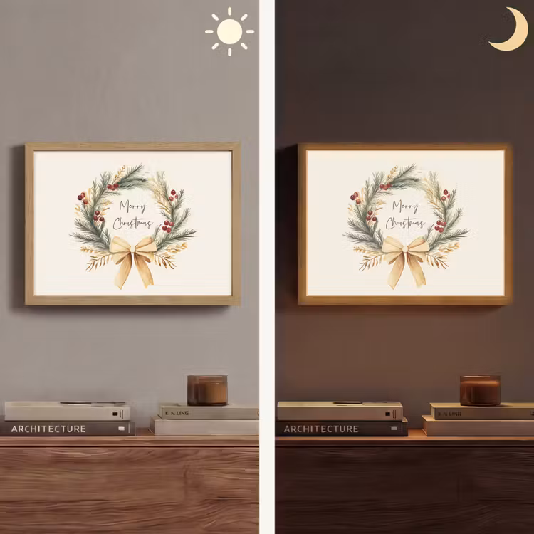 Kerstkrans - Kerst - Goud - Beige Light Box met batterij (Wandlamp) middel -sfeer3