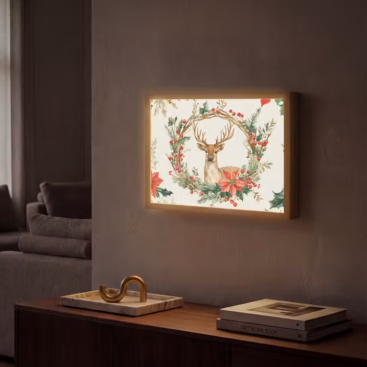 Kerstkrans - Hert - Hulst - Rood Light Box met batterij (Wandlamp) middel -sfeer1