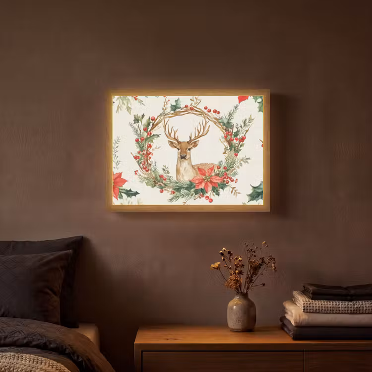 Kerstkrans - Hert - Hulst - Rood Light Box met batterij (Wandlamp) middel -sfeer4