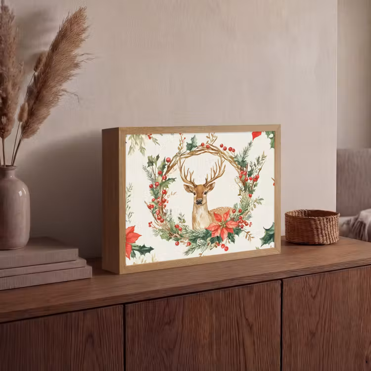 Kerstkrans - Hert - Hulst - Rood Light Box met batterij (Wandlamp) middel -sfeer2