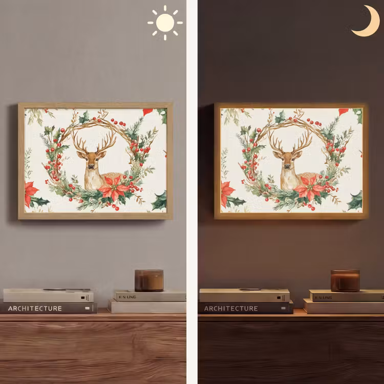 Kerstkrans - Hert - Hulst - Rood Light Box met batterij (Wandlamp) middel -sfeer3
