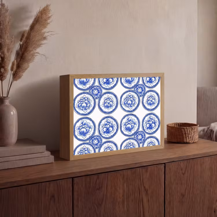 Cirkels - Bloemen - Blauw Light Box met batterij (Wandlamp) middel 907 -sfeer2