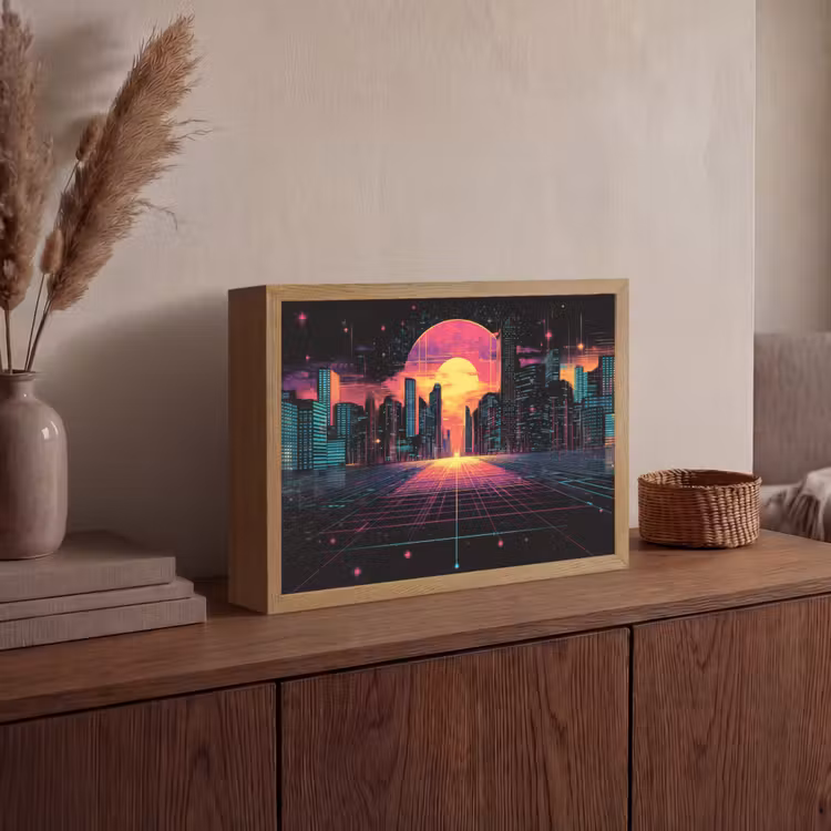 Stad - Gebouwen - Zon - Geel Light Box met batterij (Wandlamp) middel -sfeer2