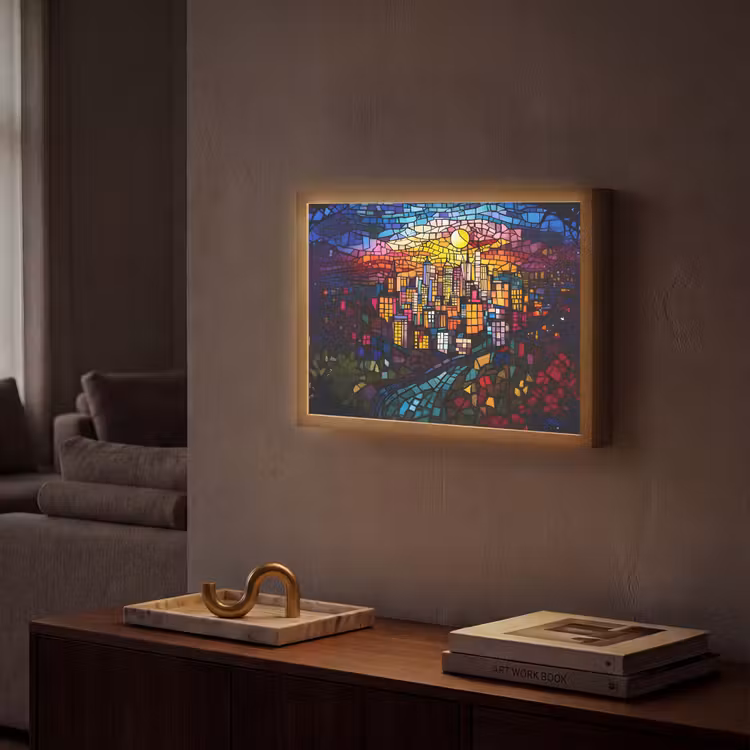 Stad - Maan - Mozaïek - Kleurrijk Light Box met batterij (Wandlamp) middel -sfeer1
